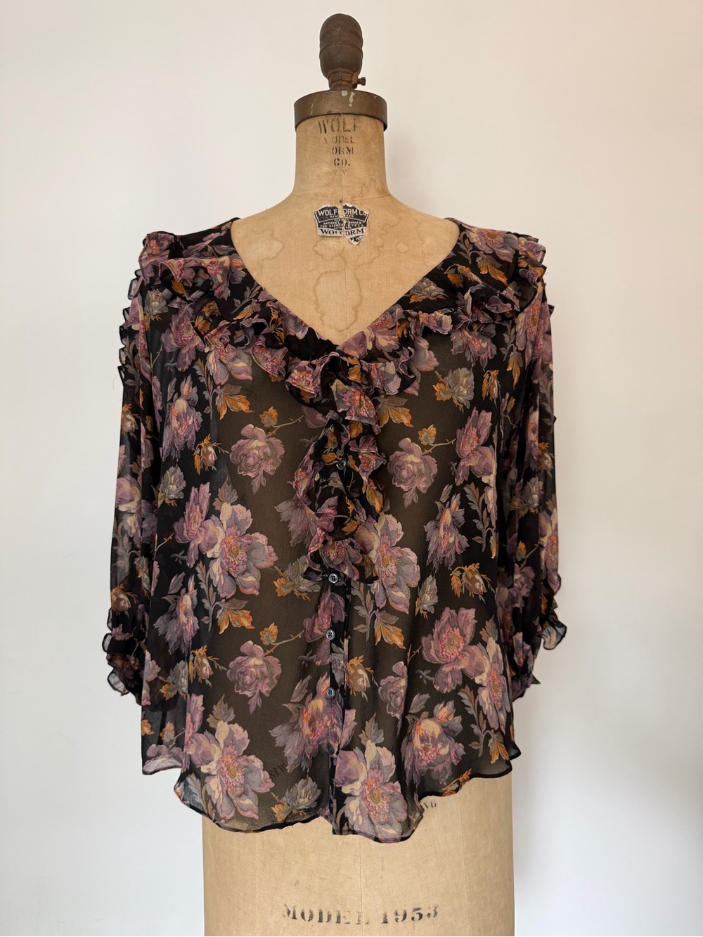 Ralph Lauren Black Sheer Floral Ruffle Blouse